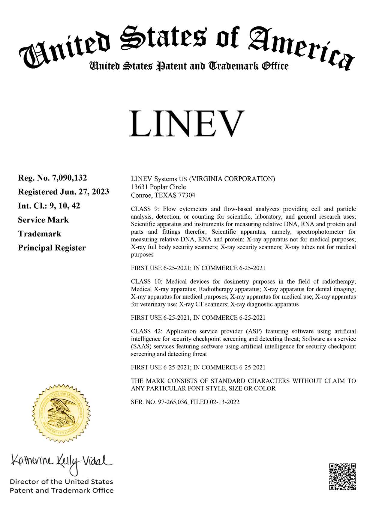 LINEV TM Registration Certificate for US